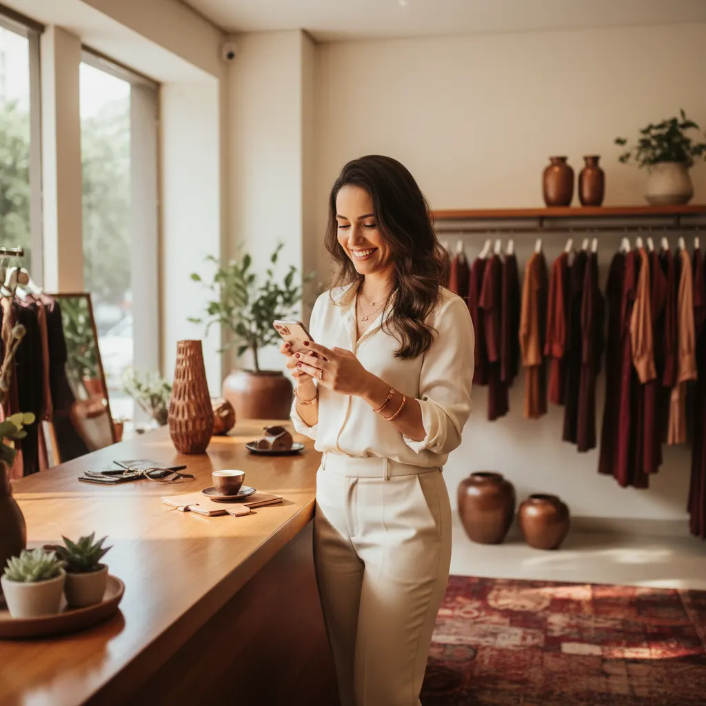 Empreendedora sorrindo enquanto confere o financeiro da loja no celular